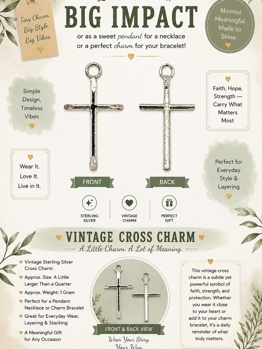Vintage Sterling Silver Cross Charm - Silver